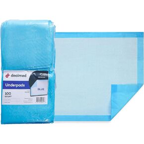 Dealmed (100 Count) Economy Absorbency Disposable Underpads 2-Ply Tissue Fill, 17" X 24" Blue, Perfect as Pet Pads Puppy Training, Medical Table Barrier, Liquid Accident, 100 Pads