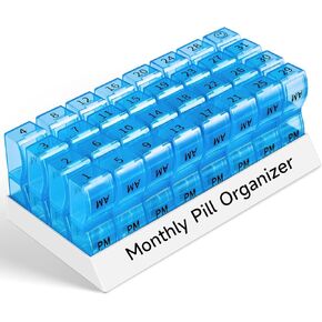Monthly Pill Organizer 2 Times a Day, 30 Day Pill Box Organizer, One Month AM PM Pill Case Small Compartments to Hold Vitamin and 31 Day Travel Medicine Organizer, 4 Week Pill Cases (Blue)