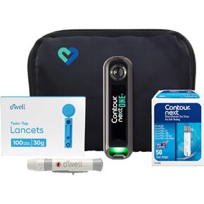 Glucose Monitor Kit - Blood Sugar Test Kit with Contour Next Blood Glucose Test Strips & Lancets for Diabetes Testing | Contour NEXT ONE Blood Glucose Monitor Kit includes 1 Blood Sugar Monitor, 50 Diabetic Test Strips, 50 30G Lancets, 1 Lancing Device an in Kuwait