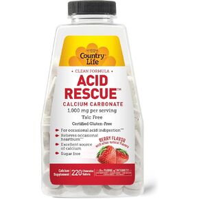 Country Life Acid Rescue كربونات الكالسيوم، تركيبة نظيفة، 1000 مجم، خالي من التلك، 60 قرص بنكهة النعناع القابل للمضغ، خالي من السكر، خالي من الغلوتين المعتمد، نباتي معتمد، معتمد من أنه لا يحتوي على كائنات معدلة وراثيًا in Kuwait