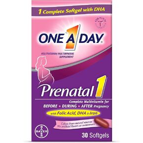 One A Day Women's Prenatal 1 Multivitamin including Vitamin A, Vitamin C, Vitamin D, B6, B12, Iron, Omega-3 DHA & more, 30 Count - Supplement for Before, During, & Post Pregnancy