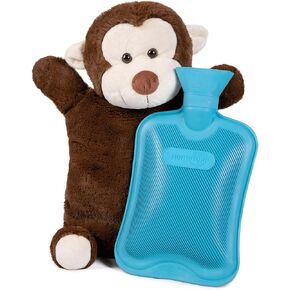 HomeTop Premium Classic Rubber Hot or Cold Water Bottle with Cute Stuffed Monkey Cover (2 Liters, Blue)