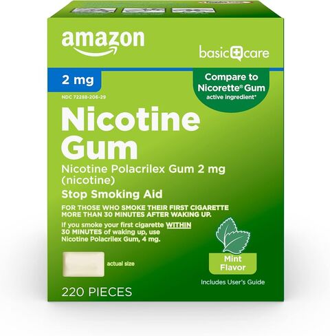 علكة أمازون بيسك كير غير المطلية بالنيكوتين بولاكريلكس 2 ملغ (النيكوتين)، بنكهة النعناع، ​​مساعد التوقف عن التدخين، 220 قطعة in Kuwait