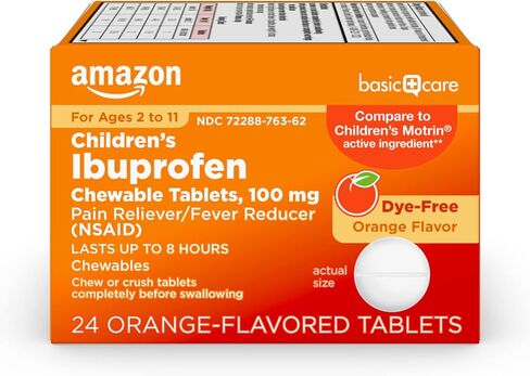 Amazon Basic Care Children’s Ibuprofen Chewable Tablets, 100 mg, Orange Flavor, Pain Reliever and Fever Reducer, For Minor Aches and Pains, Sore Throat, Headache Relief and More, 24 Count in Saudi Arabia
