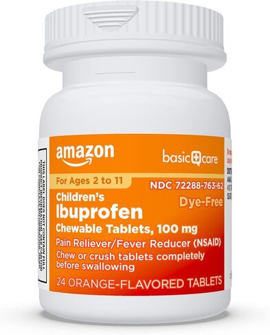 Amazon Basic Care Children’s Ibuprofen Chewable Tablets, 100 mg, Orange Flavor, Pain Reliever and Fever Reducer, For Minor Aches and Pains, Sore Throat, Headache Relief and More, 24 Count in Saudi Arabia