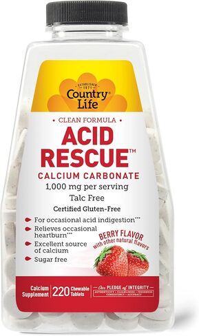 Country Life Acid Rescue كربونات الكالسيوم، تركيبة نظيفة، 1000 مجم، خالي من التلك، 60 قرص بنكهة النعناع القابل للمضغ، خالي من السكر، خالي من الغلوتين المعتمد، نباتي معتمد، معتمد من أنه لا يحتوي على كائنات معدلة وراثيًا in Kuwait