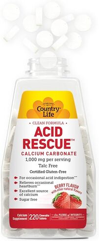 Country Life Acid Rescue كربونات الكالسيوم، تركيبة نظيفة، 1000 مجم، خالي من التلك، 60 قرص بنكهة النعناع القابل للمضغ، خالي من السكر، خالي من الغلوتين المعتمد، نباتي معتمد، معتمد من أنه لا يحتوي على كائنات معدلة وراثيًا in Kuwait