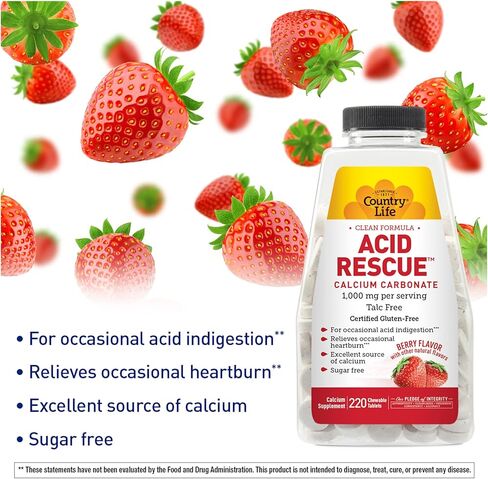 Country Life Acid Rescue كربونات الكالسيوم، تركيبة نظيفة، 1000 مجم، خالي من التلك، 60 قرص بنكهة النعناع القابل للمضغ، خالي من السكر، خالي من الغلوتين المعتمد، نباتي معتمد، معتمد من أنه لا يحتوي على كائنات معدلة وراثيًا in Kuwait