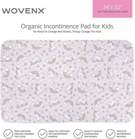 Organic Incontinence Pads for Kids & Toddlers - 5 Layer Waterproof Protectors for Overnight Bed Wetting - Reusable & Washable Pee Pads - Fits Twin to Full Size Beds - 34" x 52" Unicorn in Saudi Arabia