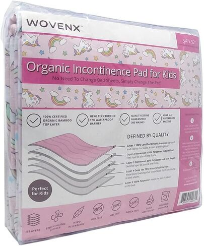 Organic Incontinence Pads for Kids & Toddlers - 5 Layer Waterproof Protectors for Overnight Bed Wetting - Reusable & Washable Pee Pads - Fits Twin to Full Size Beds - 34" x 52" Unicorn in Saudi Arabia