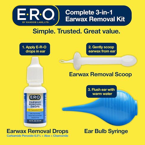 E-R-O Earwax Removal Kit for Complete Ear Care, with Carbamide Peroxide Earwax Removal Drops (0.5 fl oz), Ear Bulb Syringe and Ear Wax Removal Tool with Safety Shield in Saudi Arabia