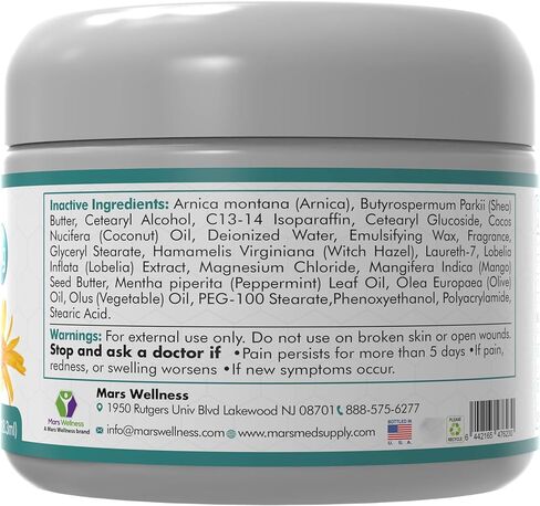 Mars Wellness MG+ Pain Cream - Extra Strength Magnesium and Arnica Cream - 4 OZ Tub - Sore Legs and Joints, Leg Cramps, Sports and Arthritis Pain Rub - 1 Pack in Saudi Arabia