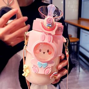 Kawaii Water Bottle Cute Water Bottles for Girls, Kawaii Water Bottle with Straw and Adjustable Strap, Portable Leakproof BPA-Free Drinking Bottle for School Outdoor Sports Travel, 24oz (Blue) in Kuwait
