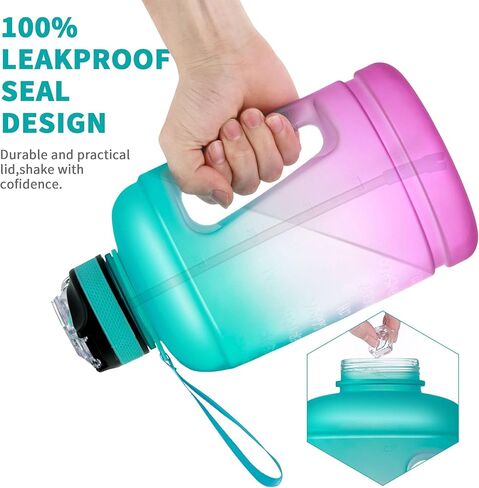 بوتل بوتل زجاجة مياه تحفيزية كبيرة نصف جالون/64 اونصة مع ماصة ومقبض (ازرق ارجواني) in Kuwait