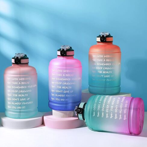 بوتل بوتل زجاجة مياه تحفيزية كبيرة نصف جالون/64 اونصة مع ماصة ومقبض (ازرق ارجواني) in Kuwait