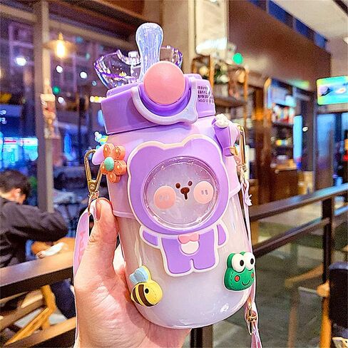زجاجة مياه kawaii زجاجات مياه لطيفة للفتيات، زجاجة مياه kawaii مع قش وحزام قابل للتعديل، زجاجة شرب محمولة مقاومة للتسرب خالية من مادة bpa للمدرسة والسفر والرياضات الخارجية، 24oz (قطة أرجوانية) in Kuwait