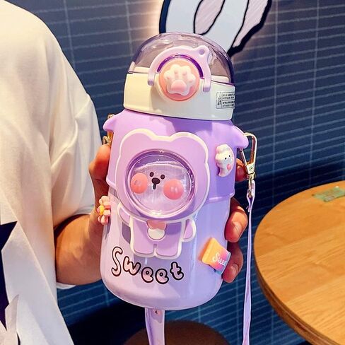 زجاجة مياه kawaii زجاجات مياه لطيفة للفتيات، زجاجة مياه kawaii مع قش وحزام قابل للتعديل، زجاجة شرب محمولة مقاومة للتسرب خالية من مادة bpa للمدرسة والسفر والرياضات الخارجية، 24oz (قطة أرجوانية) in Kuwait