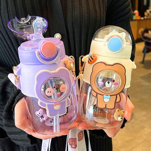 زجاجة مياه kawaii زجاجات مياه لطيفة للفتيات، زجاجة مياه kawaii مع قش وحزام قابل للتعديل، زجاجة شرب محمولة مقاومة للتسرب خالية من مادة bpa للمدرسة والسفر والرياضات الخارجية، 24oz (قطة أرجوانية) in Kuwait
