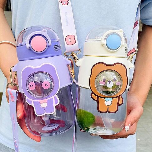 زجاجة مياه kawaii زجاجات مياه لطيفة للفتيات، زجاجة مياه kawaii مع قش وحزام قابل للتعديل، زجاجة شرب محمولة مقاومة للتسرب خالية من مادة bpa للمدرسة والسفر والرياضات الخارجية، 24oz (قطة أرجوانية) in Kuwait