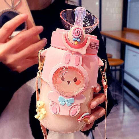 Kawaii Water Bottle Cute Water Bottles for Girls, Kawaii Water Bottle with Straw and Adjustable Strap, Portable Leakproof BPA-Free Drinking Bottle for School Outdoor Sports Travel, 24oz (Blue) in Kuwait