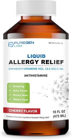 Puregen Labs Allergy Relief Oral Solution, Diphenhydramine HCl 12.5mg/5 mL, Antihistamine, Cherry Flavor, 16 Ounces in Saudi Arabia