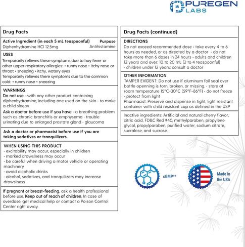 Puregen Labs Allergy Relief Oral Solution, Diphenhydramine HCl 12.5mg/5 mL, Antihistamine, Cherry Flavor, 16 Ounces in Saudi Arabia