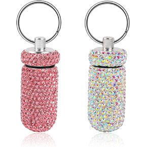 2Pack Cute Bling Rhinestones Pill Container, Waterproof Keychain Pill Holder, Portable Pill Box for Purse, Small Reusable Crystal Pill Bottle Storage Case with Keychain for Outdoor Travel(Silver,Pink) in Saudi Arabia