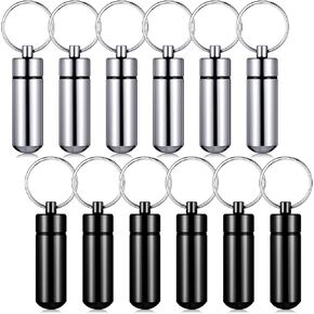 12 Pieces Portable Pill Case First Aid Pill Container Mini Pill Container Waterproof Aluminum Keychain Pill Case Keychain for Medications, Vitamins and Supplements (Black)