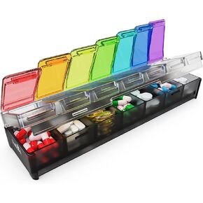 Fullicon Weekly Pill Organizer 7 Day Quick Fill & Spill Proof Designed Large Pill Box with Free Labels Travel Medicine Organizer for Medicine, Vitamin, Fish Oil, Supplement (Rainbow Black Patet)