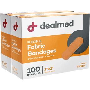 ضمادات لاصقة من القماش المرن المعقمة من Dealmed - 1x3 بوصة - عدد 100 | مغلفة بشكل فردي، خالية من اللاتكس، مادة قابلة للتنفس، وسادة غير لاصقة، لون أسمر، للجروح البسيطة والخدوش والبثور in Saudi Arabia
