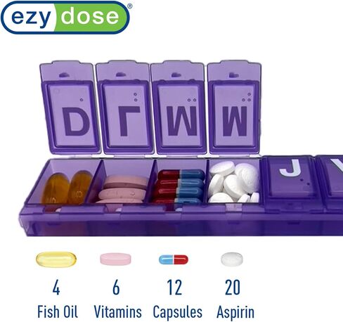 EZY DOSE Weekly Pill Organizer, Medicine Box, and Vitamin Planner, Travel Pill Planner, 7-Sided, Color May Vary, Spanish Imprints in Saudi Arabia