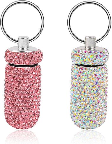 2Pack Cute Bling Rhinestones Pill Container, Waterproof Keychain Pill Holder, Portable Pill Box for Purse, Small Reusable Crystal Pill Bottle Storage Case with Keychain for Outdoor Travel(Silver,Pink) in Saudi Arabia
