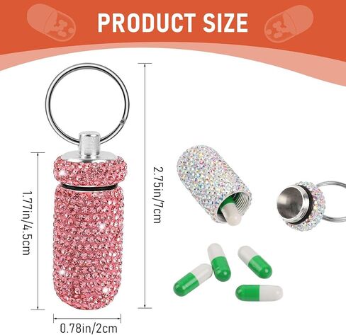 2Pack Cute Bling Rhinestones Pill Container, Waterproof Keychain Pill Holder, Portable Pill Box for Purse, Small Reusable Crystal Pill Bottle Storage Case with Keychain for Outdoor Travel(Silver,Pink) in Saudi Arabia