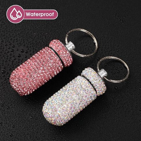 2Pack Cute Bling Rhinestones Pill Container, Waterproof Keychain Pill Holder, Portable Pill Box for Purse, Small Reusable Crystal Pill Bottle Storage Case with Keychain for Outdoor Travel(Silver,Pink) in Saudi Arabia