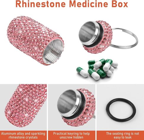 2Pack Cute Bling Rhinestones Pill Container, Waterproof Keychain Pill Holder, Portable Pill Box for Purse, Small Reusable Crystal Pill Bottle Storage Case with Keychain for Outdoor Travel(Silver,Pink) in Saudi Arabia