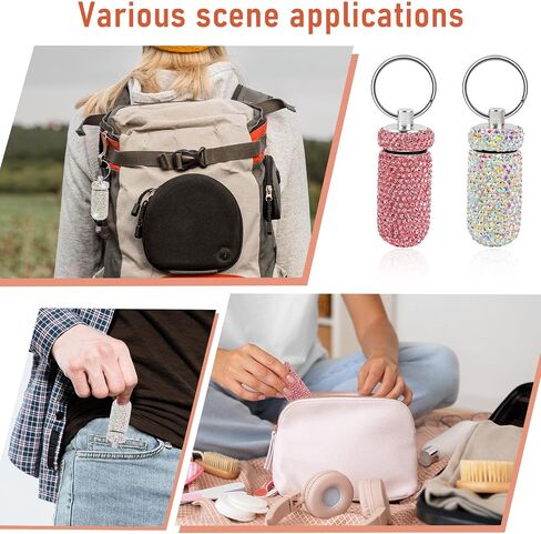 2Pack Cute Bling Rhinestones Pill Container, Waterproof Keychain Pill Holder, Portable Pill Box for Purse, Small Reusable Crystal Pill Bottle Storage Case with Keychain for Outdoor Travel(Silver,Pink) in Saudi Arabia