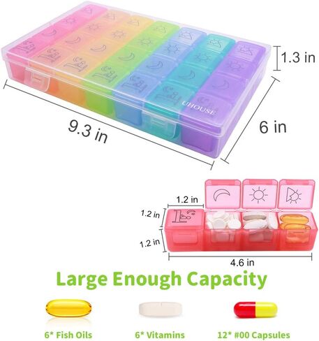 منظم أقراص دواء أسبوعي 4 مرات يوميا في اليوم، حقيبة سفرية 7 أيام لأقراص دواء مضادة للغبار، حاوية تذكيرية للسفر مع مساحات كبيرة للفيتامينات وزيت السمك/المكملات الغذائية in Kuwait