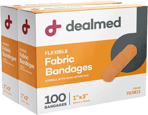 ضمادات لاصقة من القماش المرن المعقمة من Dealmed - 1x3 بوصة - عدد 100 | مغلفة بشكل فردي، خالية من اللاتكس، مادة قابلة للتنفس، وسادة غير لاصقة، لون أسمر، للجروح البسيطة والخدوش والبثور in Kuwait