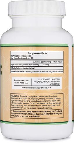 Hyaluronic Acid Supplements -180 Capsules (Enhances Effects of Hyaluronic Acid Serum for Face) 200mg Per Serving for Skin and Face Aging Support (Acido Hialuronico) Gluten Free by Double Wood in Saudi Arabia