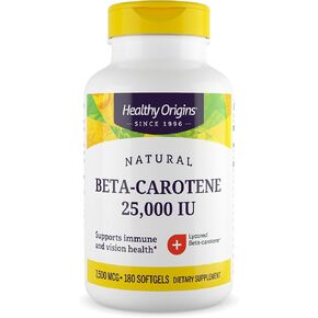 Healthy Origins Beta-Carotene 25,000 IU (7,500 ميكروجرام)، بيتا كاروتين طبيعي، دعم المناعة، دعم الرؤية، غير معدل وراثيًا، خالي من الغلوتين، 180 كبسولة هلامية in Kuwait