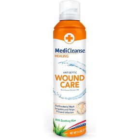 غسول الجروح الملحي المعقم للإسعافات الأولية من MediCleanse، يعزز الشفاء، لا يسبب اللسع أو الحرق، علبة رش 7.4 أونصة - صنع في الولايات المتحدة الأمريكية in Kuwait