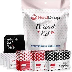 RedDrop 38 PC Tween and Teen Period Kit - First Period Kit for Girls 9-12 - Includes Everyday Pads, FlowDay & FlowNight Pads, Maxi Pads, Wipes, & More