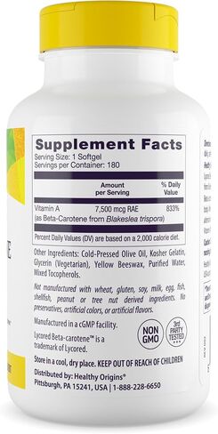 Healthy Origins Beta-Carotene 25,000 IU (7,500 mcg), Natural Beta-Carotene, Immune Support, Vision Support, Non-GMO, Gluten-Free, 180 Softgels in Saudi Arabia