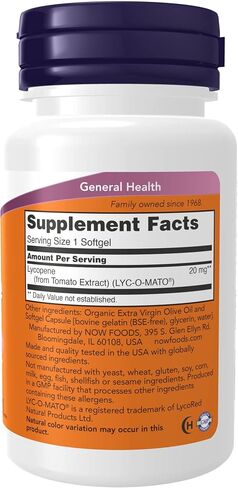 NOW Supplements, Lycopene 20 mg with Natural Extract from Tomatoes, Free Radical Scavenger*, 50 Softgels in Saudi Arabia