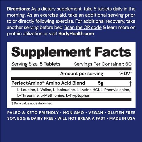 BodyHealth PerfectAmino (150 ct) أقراص سهلة البلع، مكمل للأحماض الأمينية الأساسية مع BCAAs، بروتين نباتي لمرحلة ما قبل / بعد التمرين واستعادة العضلات مع ليسين، تريبتوفان، ليوسين، ميثيونين in Kuwait