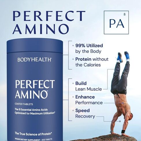 BodyHealth PerfectAmino (150 ct) أقراص سهلة البلع، مكمل للأحماض الأمينية الأساسية مع BCAAs، بروتين نباتي لمرحلة ما قبل / بعد التمرين واستعادة العضلات مع ليسين، تريبتوفان، ليوسين، ميثيونين in Kuwait