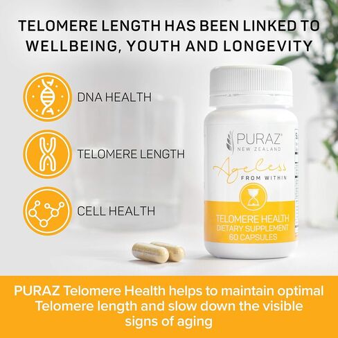 PURAZ Telomere Supplements w/Potent Astragalus Root Extract and Collagen | Superior Immune Support, Anti-Aging, DNA Repair | Pure Telomerase Enzyme for Telomere Lengthening and Support | 60 Capsules in Saudi Arabia