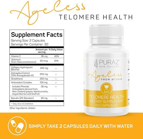 PURAZ Telomere Supplements w/Potent Astragalus Root Extract and Collagen | Superior Immune Support, Anti-Aging, DNA Repair | Pure Telomerase Enzyme for Telomere Lengthening and Support | 60 Capsules in Saudi Arabia