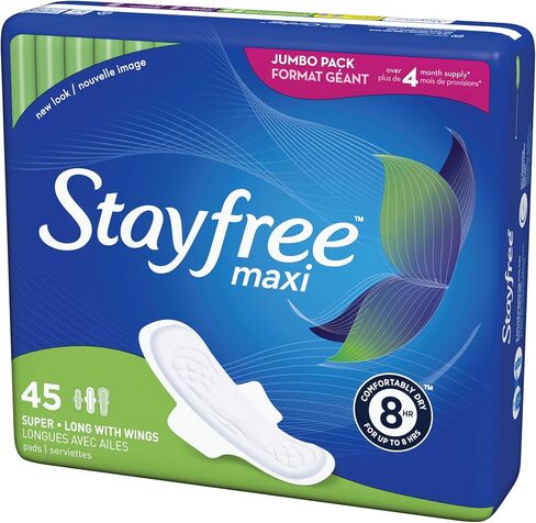 ستاي فري فوط ماكسي طويلة للغاية مع اجنحة للنساء، حماية موثوقة وامتصاص الدورة الشهرية الانثوية، 45 قطعة in Kuwait