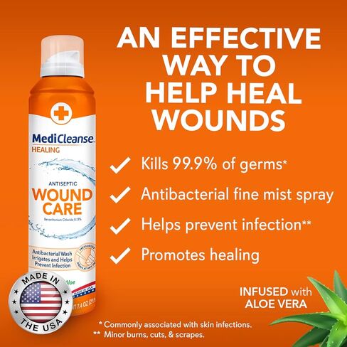 MediCleanse First Aid Sterile Saline Wound Wash, Promotes Healing, No Stinging or Burning, 7.4 oz Spray Can - Made in USA in Kuwait